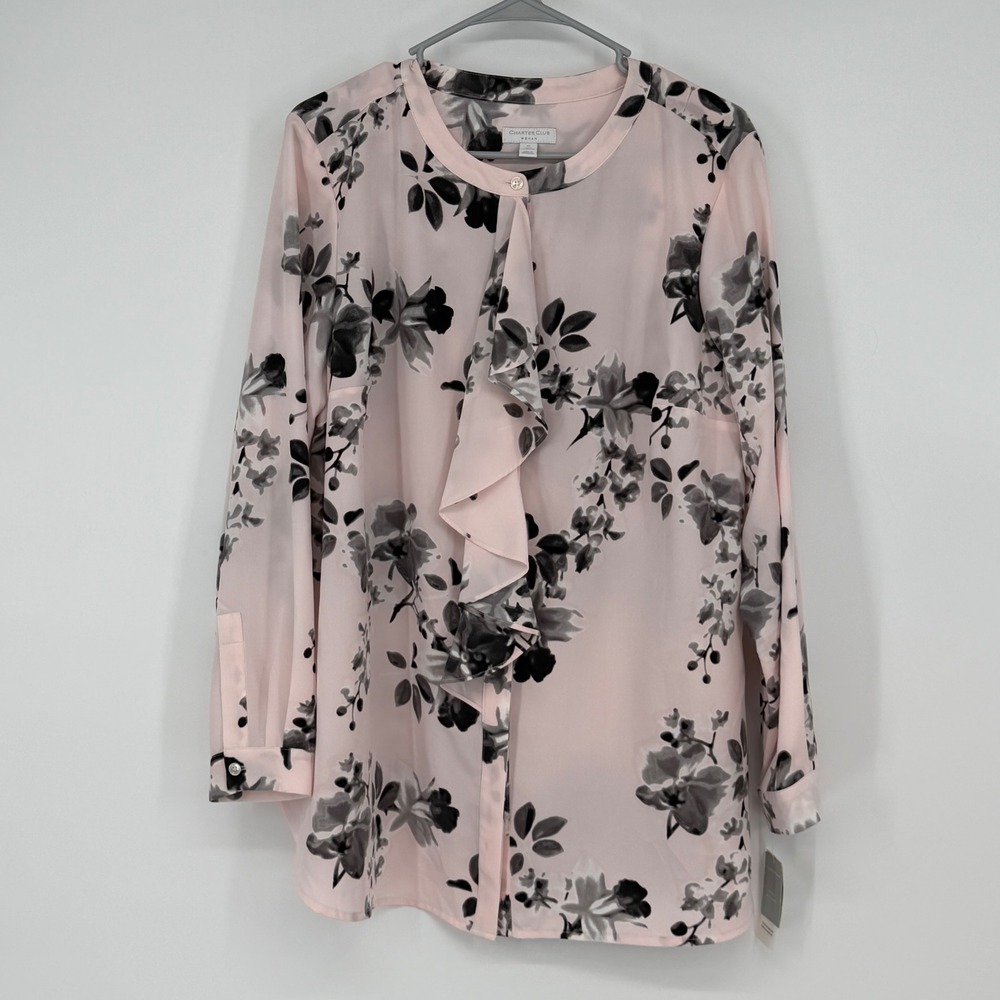 Charter Club Woman 1X Pink Floral Ruffle Front Long‎ Sleeve Blouse NWT